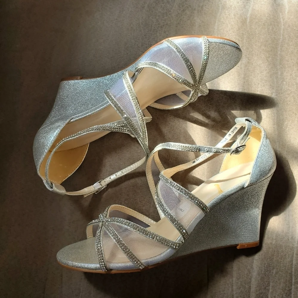 David's Bridal Harlie Silver Strappy Wedge with Mesh Panels, 9